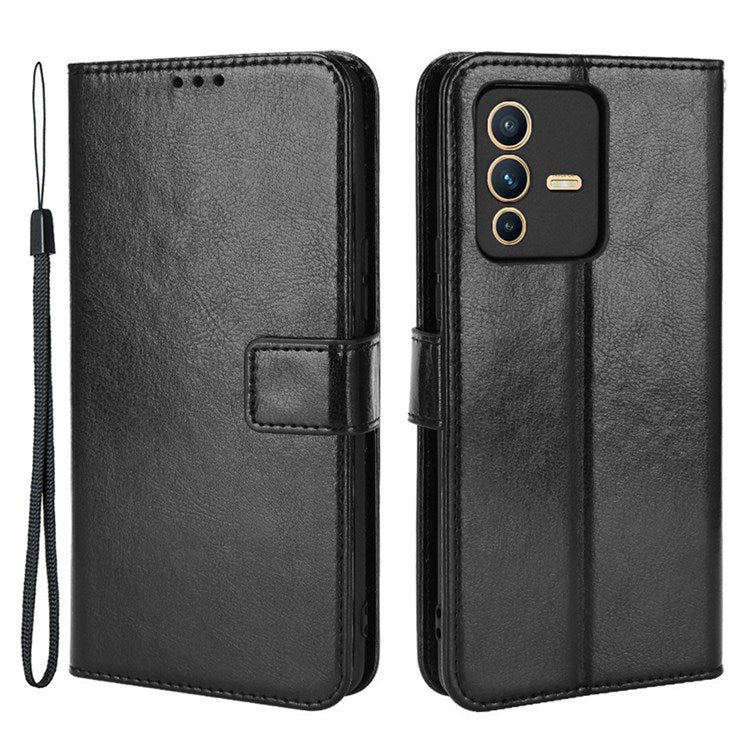 For vivo S12/V23 5G Wallet Style Anti-shock Split Leather Phone Case Crazy Horse Texture Well-protected Stand Phone Shell - Black