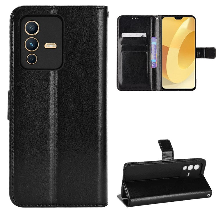 For vivo S12/V23 5G Wallet Style Anti-shock Split Leather Phone Case Crazy Horse Texture Well-protected Stand Phone Shell - Black