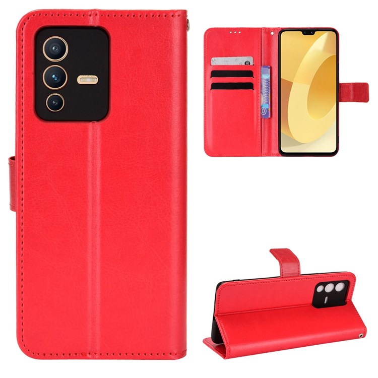 For vivo S12/V23 5G Wallet Style Anti-shock Split Leather Phone Case Crazy Horse Texture Well-protected Stand Phone Shell - Red