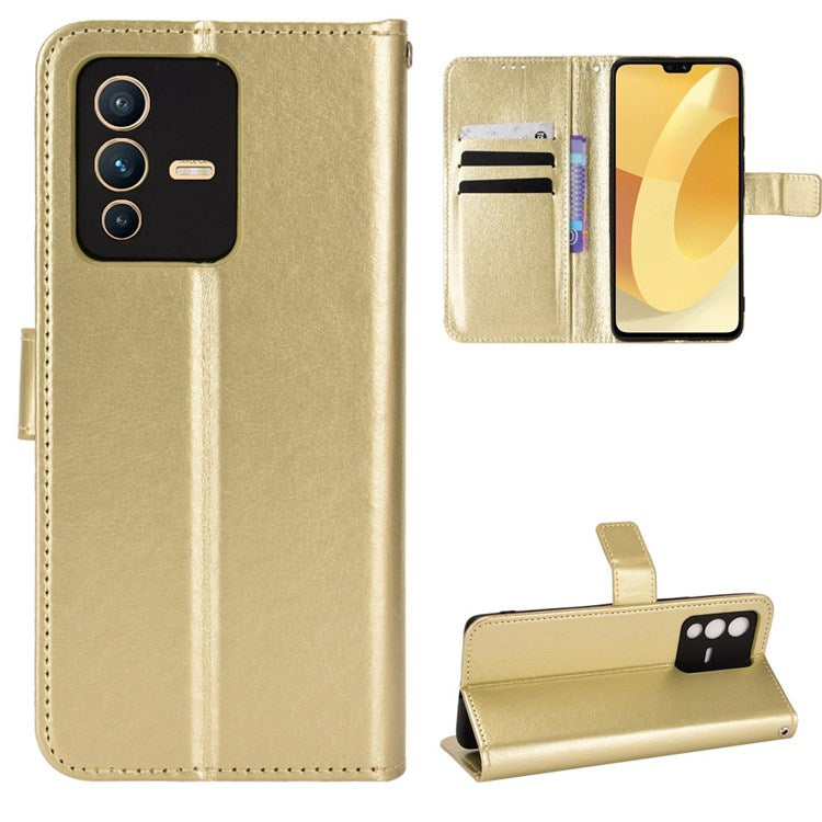 For vivo S12/V23 5G Wallet Style Anti-shock Split Leather Phone Case Crazy Horse Texture Well-protected Stand Phone Shell - Gold