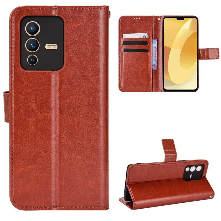 For vivo S12/V23 5G Wallet Style Anti-shock Split Leather Phone Case Crazy Horse Texture Well-protected Stand Phone Shell - Brown