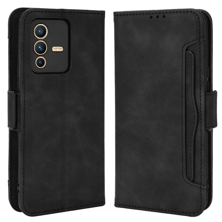 For vivo S12/V23 5G Card Slots Shockproof PU Leather Wallet Protective Case Stand Phone Cover - Black