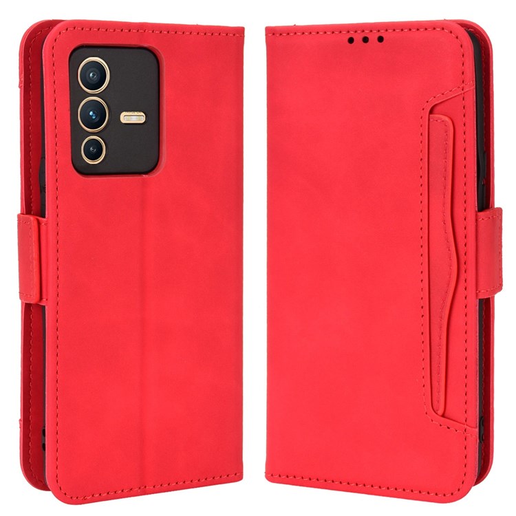 For vivo S12/V23 5G Card Slots Shockproof PU Leather Wallet Protective Case Stand Phone Cover - Red