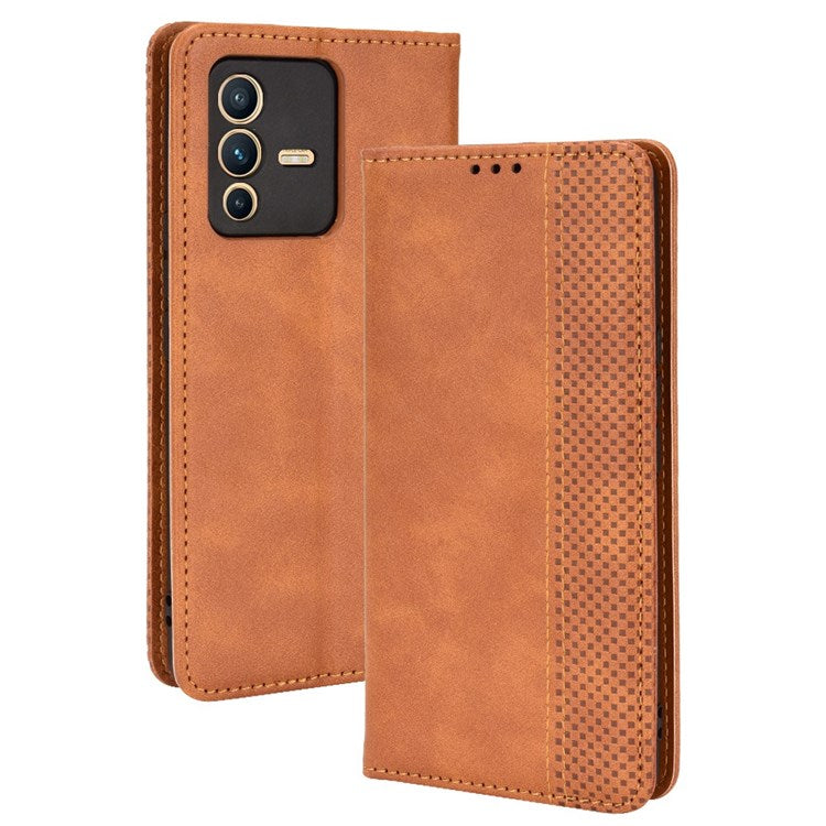 For vivo S12/V23 5G Retro Leather Magnetic Auto-absorbed Phone Case Mosaic Imprinted Stand Wallet Shell - Brown