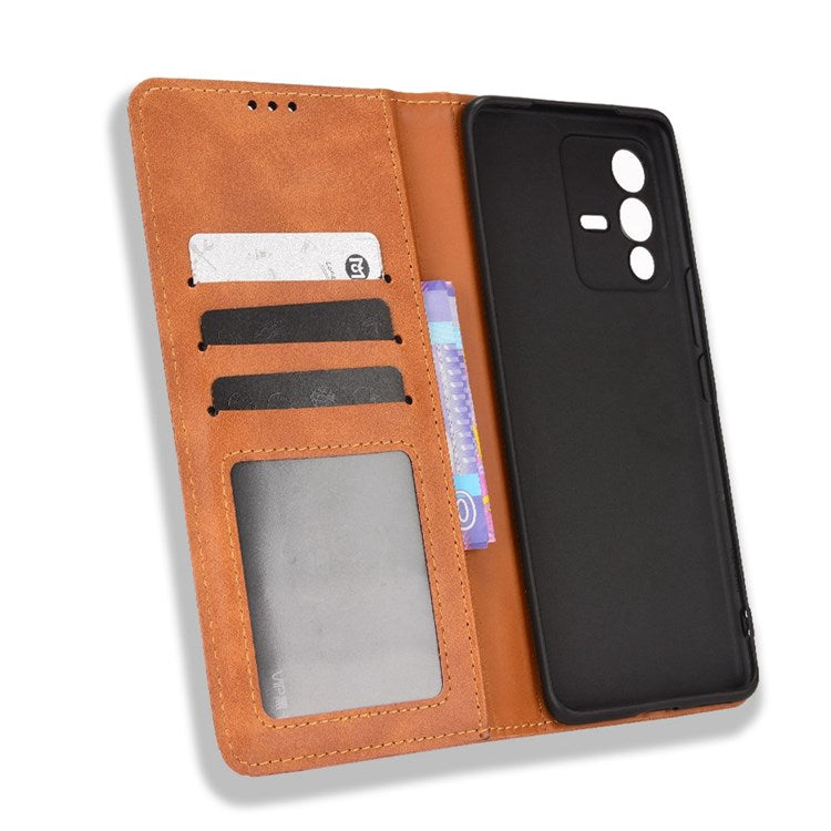 For vivo S12/V23 5G Retro Leather Magnetic Auto-absorbed Phone Case Mosaic Imprinted Stand Wallet Shell - Brown