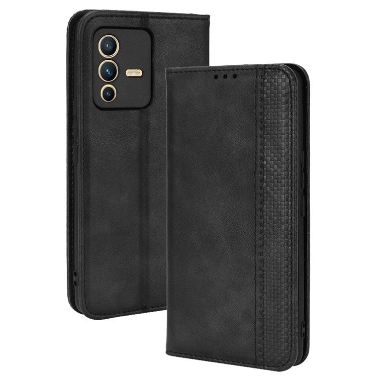 For vivo S12/V23 5G Retro Leather Magnetic Auto-absorbed Phone Case Mosaic Imprinted Stand Wallet Shell - Black