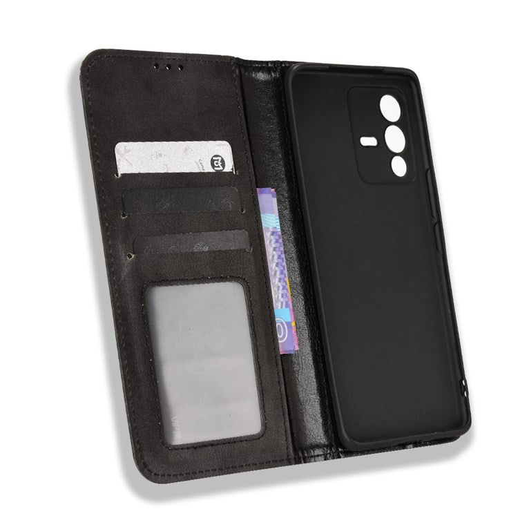 For vivo S12/V23 5G Retro Leather Magnetic Auto-absorbed Phone Case Mosaic Imprinted Stand Wallet Shell - Black