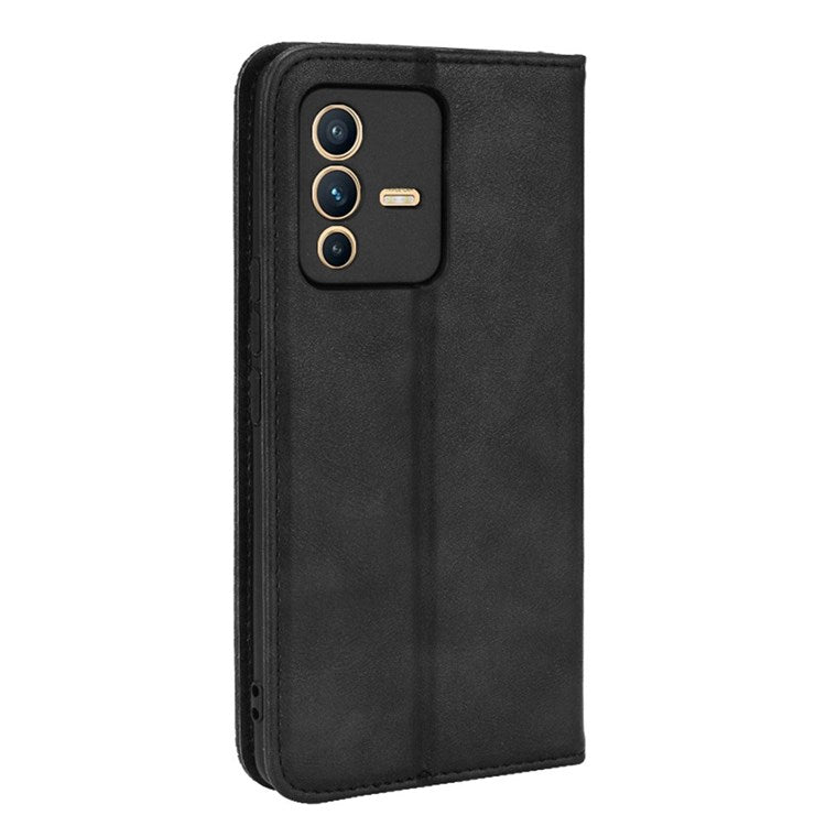 For vivo S12/V23 5G Retro Leather Magnetic Auto-absorbed Phone Case Mosaic Imprinted Stand Wallet Shell - Black