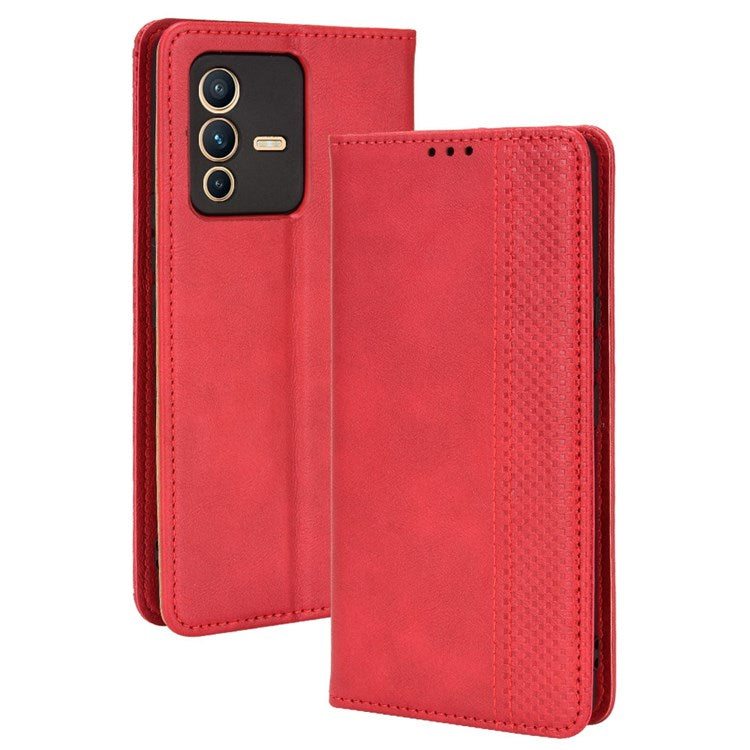 For vivo S12/V23 5G Retro Leather Magnetic Auto-absorbed Phone Case Mosaic Imprinted Stand Wallet Shell - Red