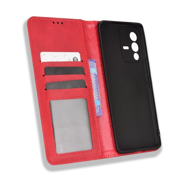 For vivo S12/V23 5G Retro Leather Magnetic Auto-absorbed Phone Case Mosaic Imprinted Stand Wallet Shell - Red