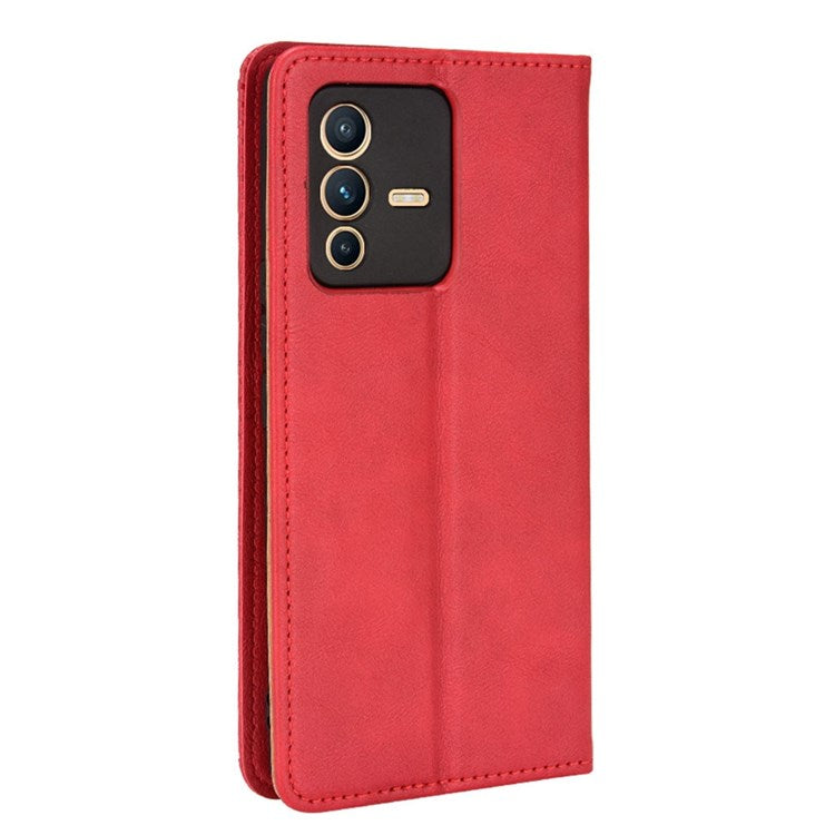 For vivo S12/V23 5G Retro Leather Magnetic Auto-absorbed Phone Case Mosaic Imprinted Stand Wallet Shell - Red