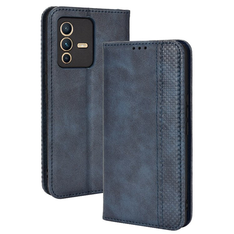 For vivo S12/V23 5G Retro Leather Magnetic Auto-absorbed Phone Case Mosaic Imprinted Stand Wallet Shell - Blue