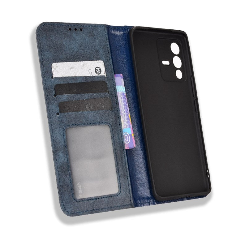 For vivo S12/V23 5G Retro Leather Magnetic Auto-absorbed Phone Case Mosaic Imprinted Stand Wallet Shell - Blue