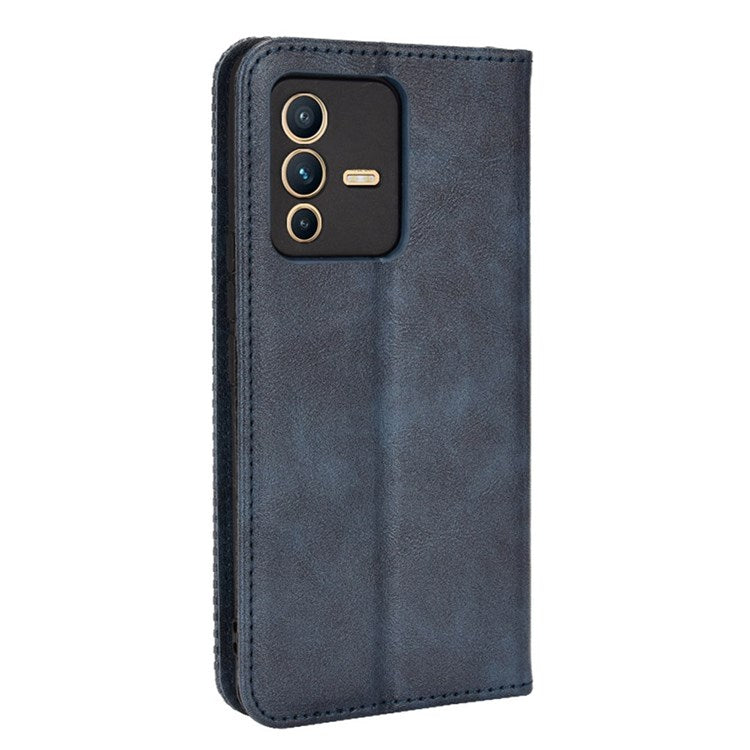 For vivo S12/V23 5G Retro Leather Magnetic Auto-absorbed Phone Case Mosaic Imprinted Stand Wallet Shell - Blue