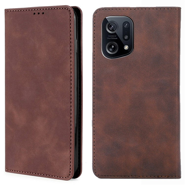 Soft Touch Anti-slip Case for Oppo Find X5 Magnetic Closure Folio Flip Cover Scratch Resistant PU Leather Protective Case with Stand - Dark Brown