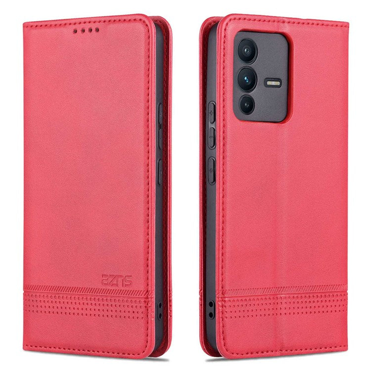 AZNS for vivo S12/V23 5G PU Leather Wallet Case Stand Magnetic Auto-absorbed TPU Shockproof Interior Protective Cover - Red