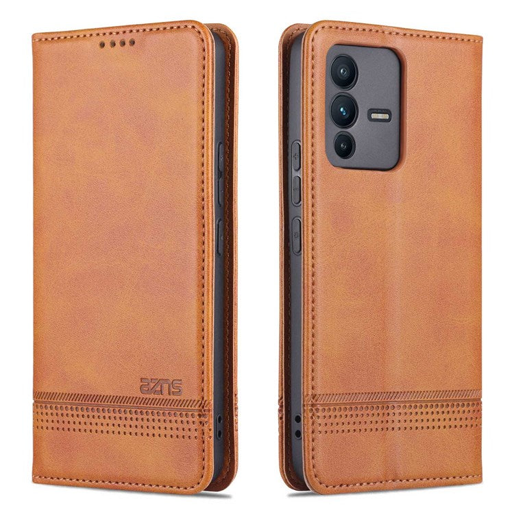 AZNS for vivo S12/V23 5G PU Leather Wallet Case Stand Magnetic Auto-absorbed TPU Shockproof Interior Protective Cover - Brown