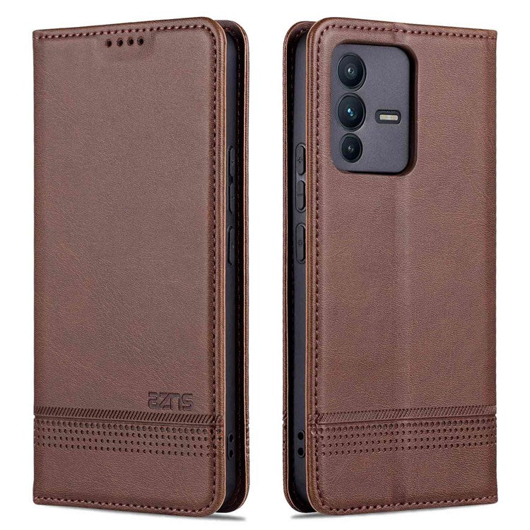 AZNS for vivo S12/V23 5G PU Leather Wallet Case Stand Magnetic Auto-absorbed TPU Shockproof Interior Protective Cover - Coffee