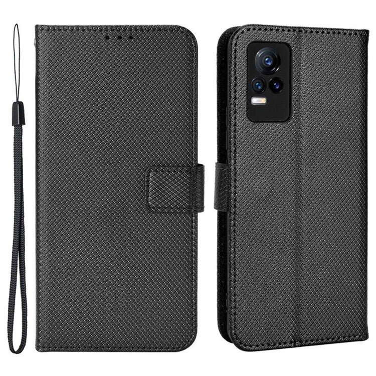 For vivo V21e 4G/Y73 Magnetic PU Leather Wallet Case Diamond Texture Stand Protective Shockproof TPU Folio Cover with Strap - Black