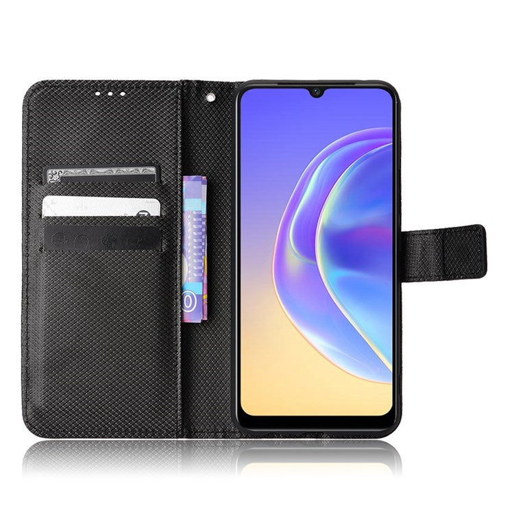 For vivo V21e 4G/Y73 Magnetic PU Leather Wallet Case Diamond Texture Stand Protective Shockproof TPU Folio Cover with Strap - Black