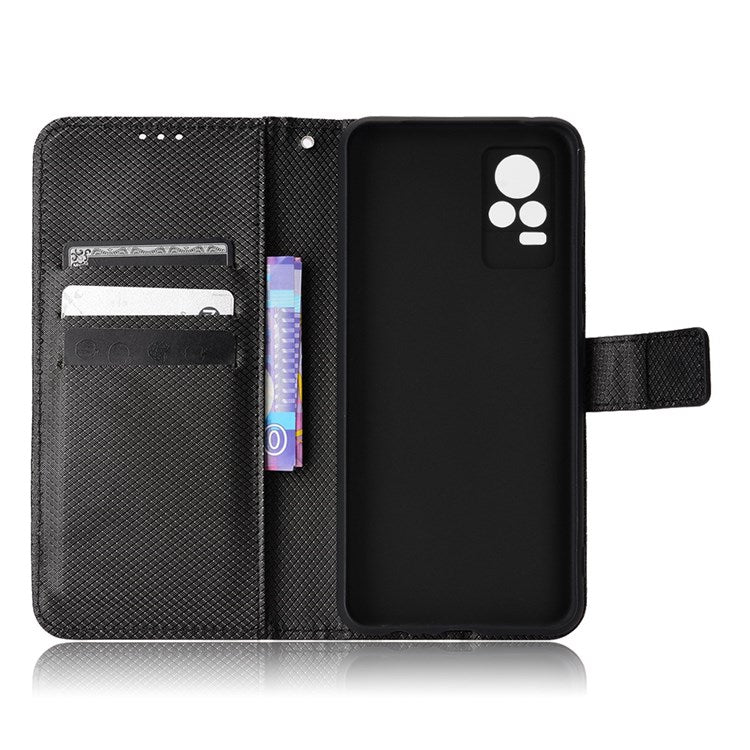 For vivo V21e 4G/Y73 Magnetic PU Leather Wallet Case Diamond Texture Stand Protective Shockproof TPU Folio Cover with Strap - Black