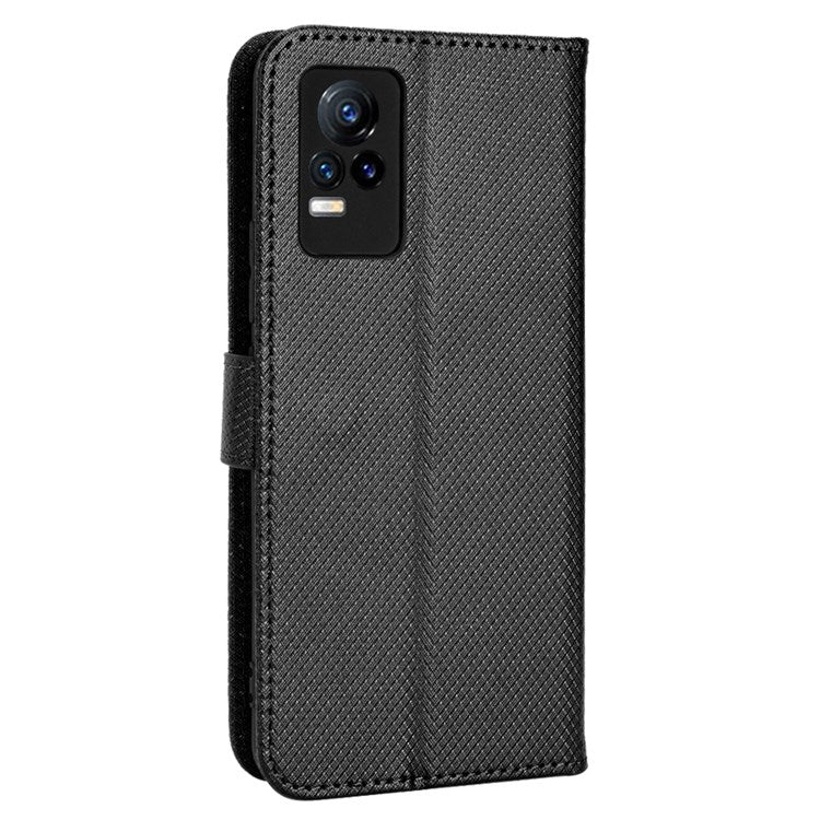 For vivo V21e 4G/Y73 Magnetic PU Leather Wallet Case Diamond Texture Stand Protective Shockproof TPU Folio Cover with Strap - Black