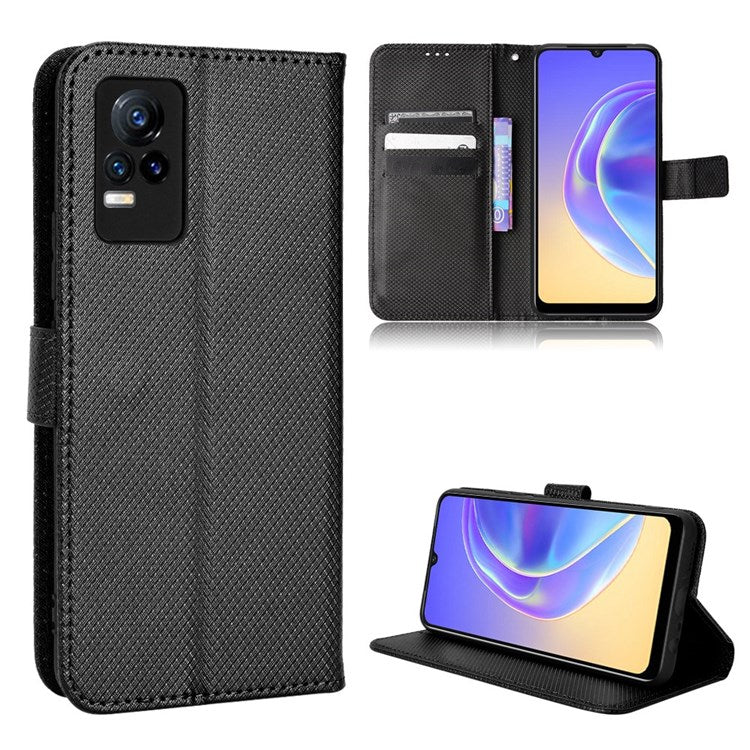 For vivo V21e 4G/Y73 Magnetic PU Leather Wallet Case Diamond Texture Stand Protective Shockproof TPU Folio Cover with Strap - Black