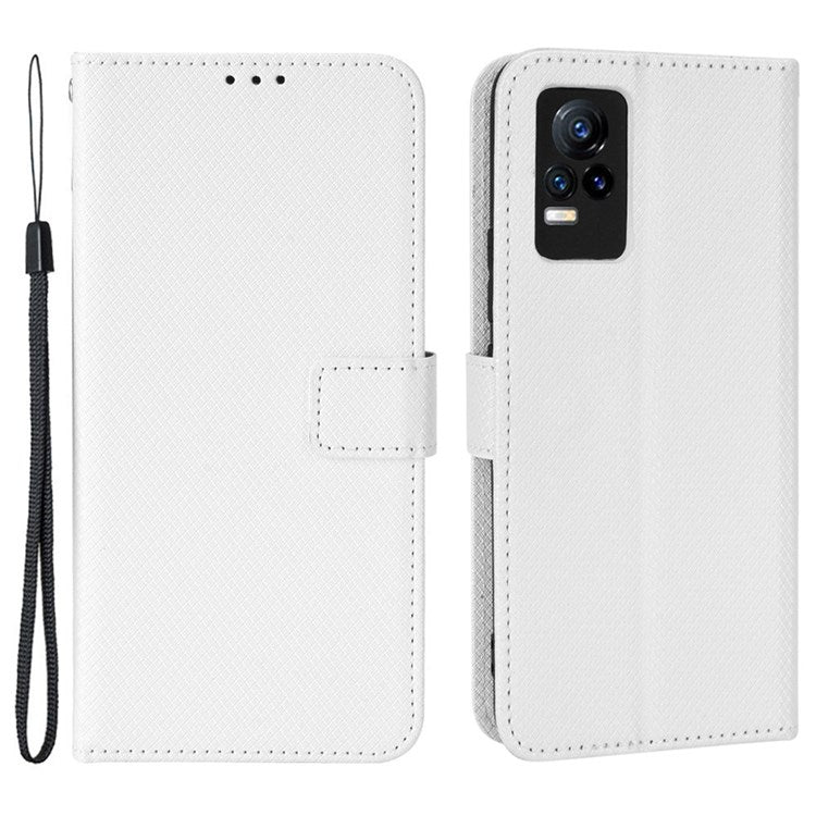 For vivo V21e 4G/Y73 Magnetic PU Leather Wallet Case Diamond Texture Stand Protective Shockproof TPU Folio Cover with Strap - White