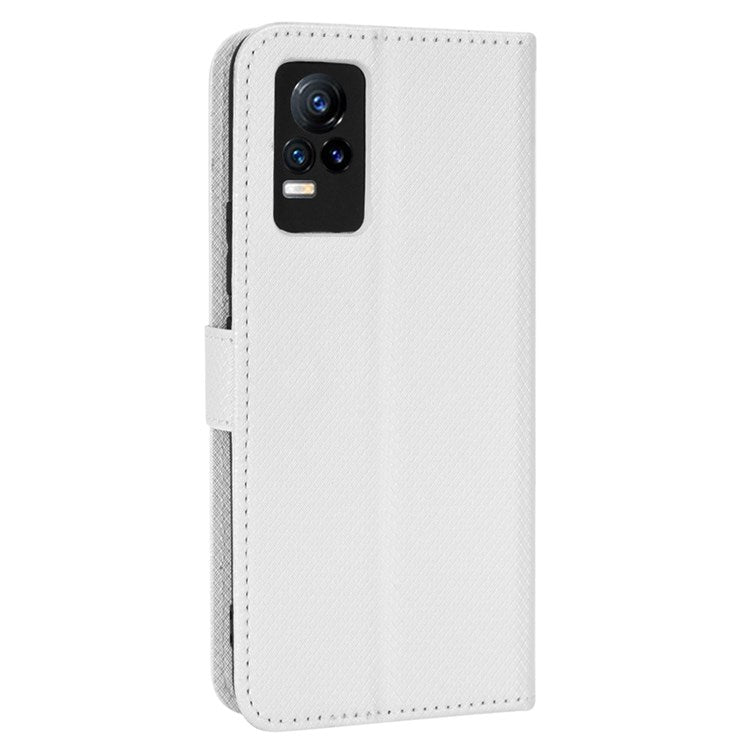 For vivo V21e 4G/Y73 Magnetic PU Leather Wallet Case Diamond Texture Stand Protective Shockproof TPU Folio Cover with Strap - White