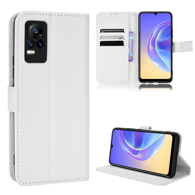 For vivo V21e 4G/Y73 Magnetic PU Leather Wallet Case Diamond Texture Stand Protective Shockproof TPU Folio Cover with Strap - White