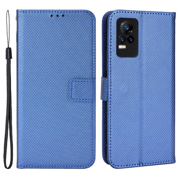 For vivo V21e 4G/Y73 Magnetic PU Leather Wallet Case Diamond Texture Stand Protective Shockproof TPU Folio Cover with Strap - Blue