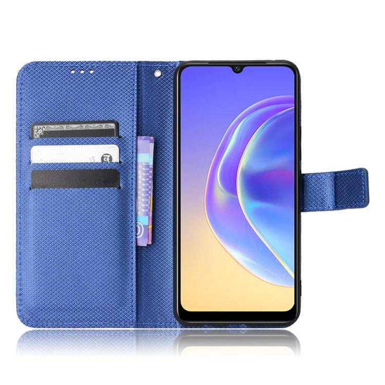 For vivo V21e 4G/Y73 Magnetic PU Leather Wallet Case Diamond Texture Stand Protective Shockproof TPU Folio Cover with Strap - Blue