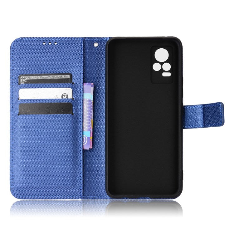 For vivo V21e 4G/Y73 Magnetic PU Leather Wallet Case Diamond Texture Stand Protective Shockproof TPU Folio Cover with Strap - Blue