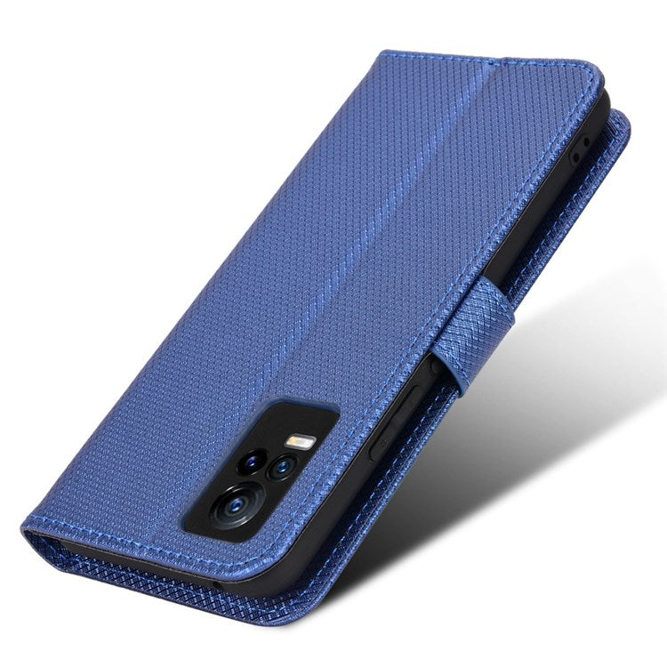 For vivo V21e 4G/Y73 Magnetic PU Leather Wallet Case Diamond Texture Stand Protective Shockproof TPU Folio Cover with Strap - Blue