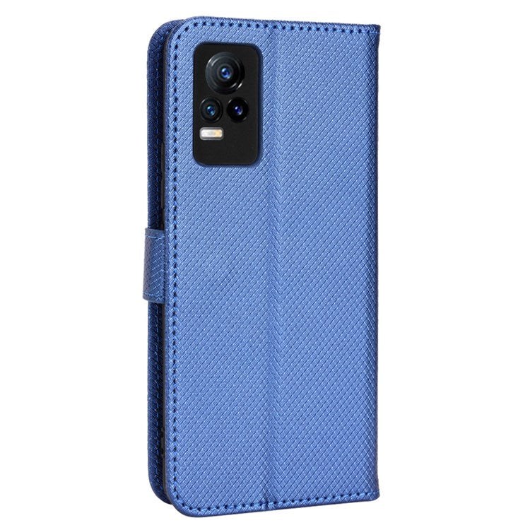 For vivo V21e 4G/Y73 Magnetic PU Leather Wallet Case Diamond Texture Stand Protective Shockproof TPU Folio Cover with Strap - Blue