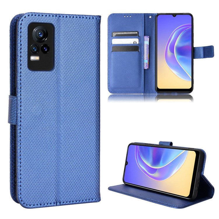 For vivo V21e 4G/Y73 Magnetic PU Leather Wallet Case Diamond Texture Stand Protective Shockproof TPU Folio Cover with Strap - Blue