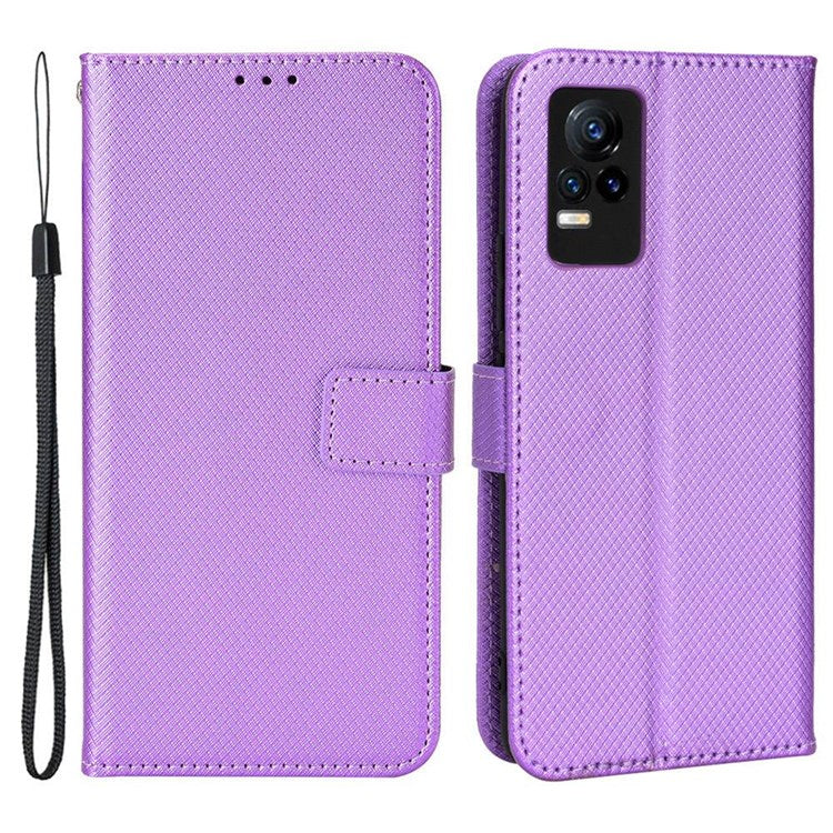 For vivo V21e 4G/Y73 Magnetic PU Leather Wallet Case Diamond Texture Stand Protective Shockproof TPU Folio Cover with Strap - Purple