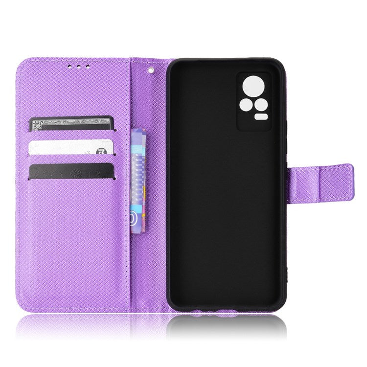 For vivo V21e 4G/Y73 Magnetic PU Leather Wallet Case Diamond Texture Stand Protective Shockproof TPU Folio Cover with Strap - Purple