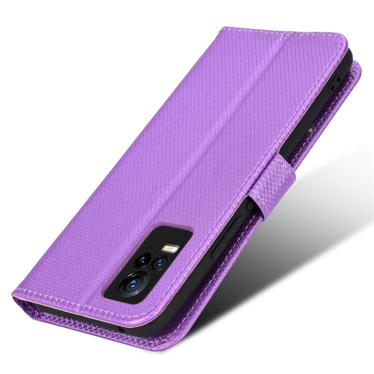 For vivo V21e 4G/Y73 Magnetic PU Leather Wallet Case Diamond Texture Stand Protective Shockproof TPU Folio Cover with Strap - Purple