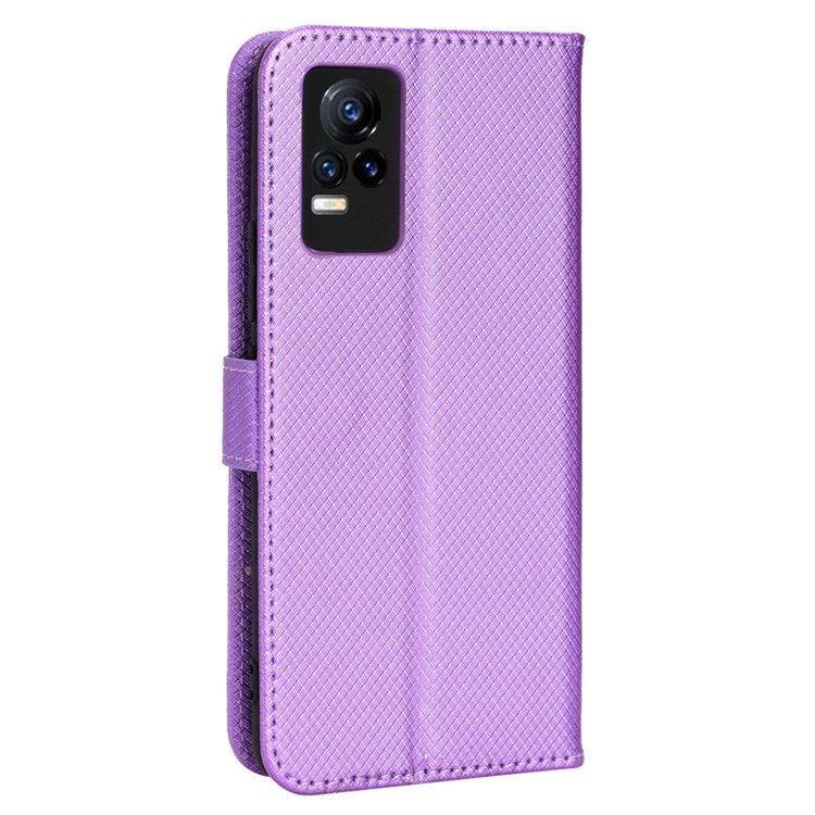 For vivo V21e 4G/Y73 Magnetic PU Leather Wallet Case Diamond Texture Stand Protective Shockproof TPU Folio Cover with Strap - Purple