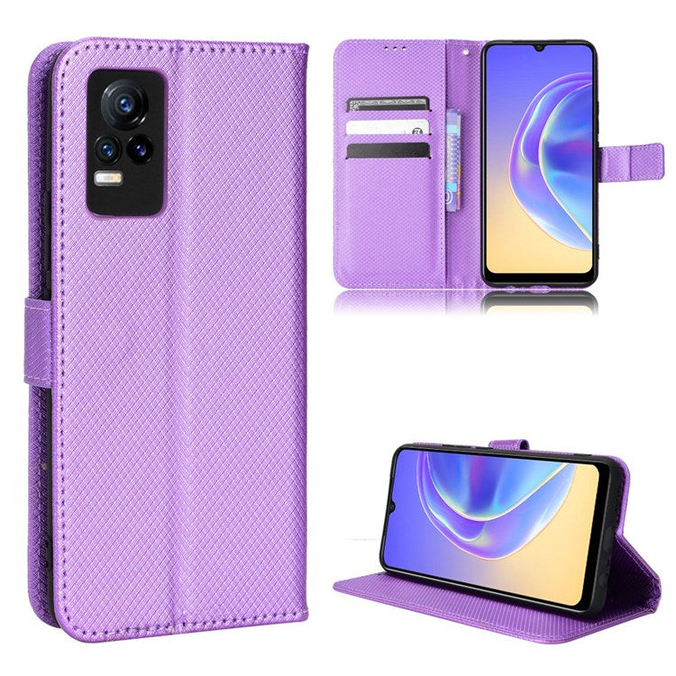 For vivo V21e 4G/Y73 Magnetic PU Leather Wallet Case Diamond Texture Stand Protective Shockproof TPU Folio Cover with Strap - Purple