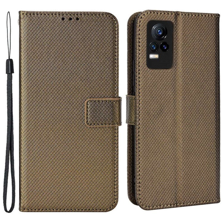 For vivo V21e 4G/Y73 Magnetic PU Leather Wallet Case Diamond Texture Stand Protective Shockproof TPU Folio Cover with Strap - Brown