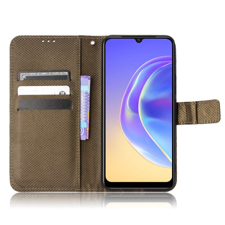 For vivo V21e 4G/Y73 Magnetic PU Leather Wallet Case Diamond Texture Stand Protective Shockproof TPU Folio Cover with Strap - Brown