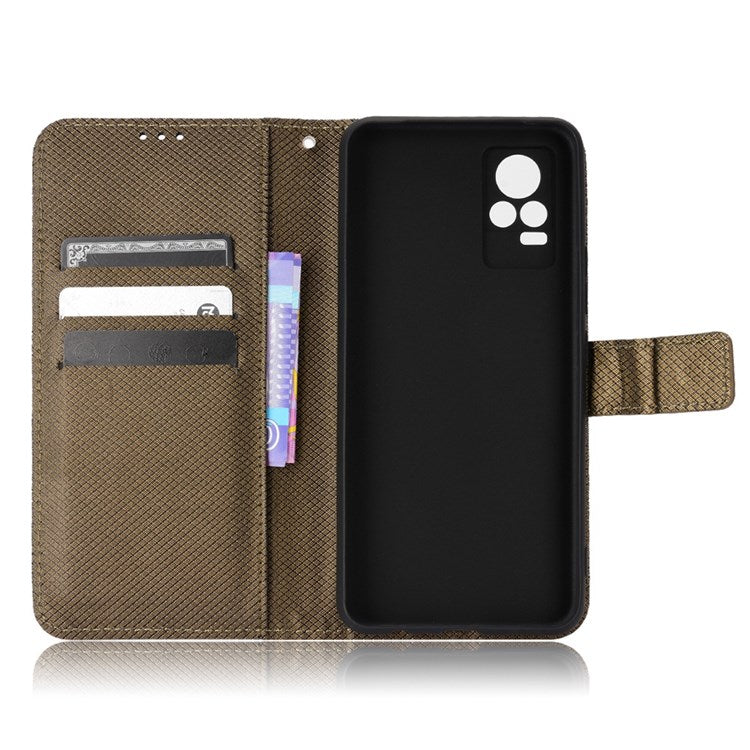 For vivo V21e 4G/Y73 Magnetic PU Leather Wallet Case Diamond Texture Stand Protective Shockproof TPU Folio Cover with Strap - Brown