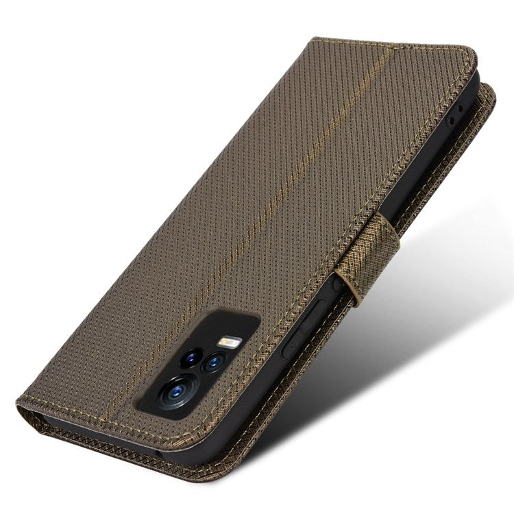 For vivo V21e 4G/Y73 Magnetic PU Leather Wallet Case Diamond Texture Stand Protective Shockproof TPU Folio Cover with Strap - Brown