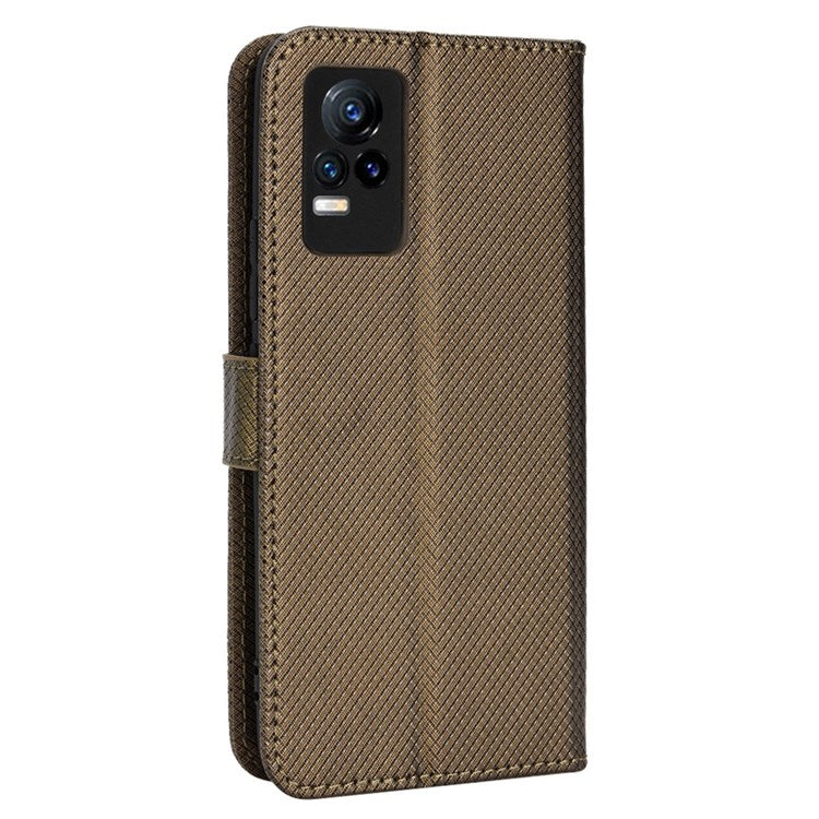 For vivo V21e 4G/Y73 Magnetic PU Leather Wallet Case Diamond Texture Stand Protective Shockproof TPU Folio Cover with Strap - Brown