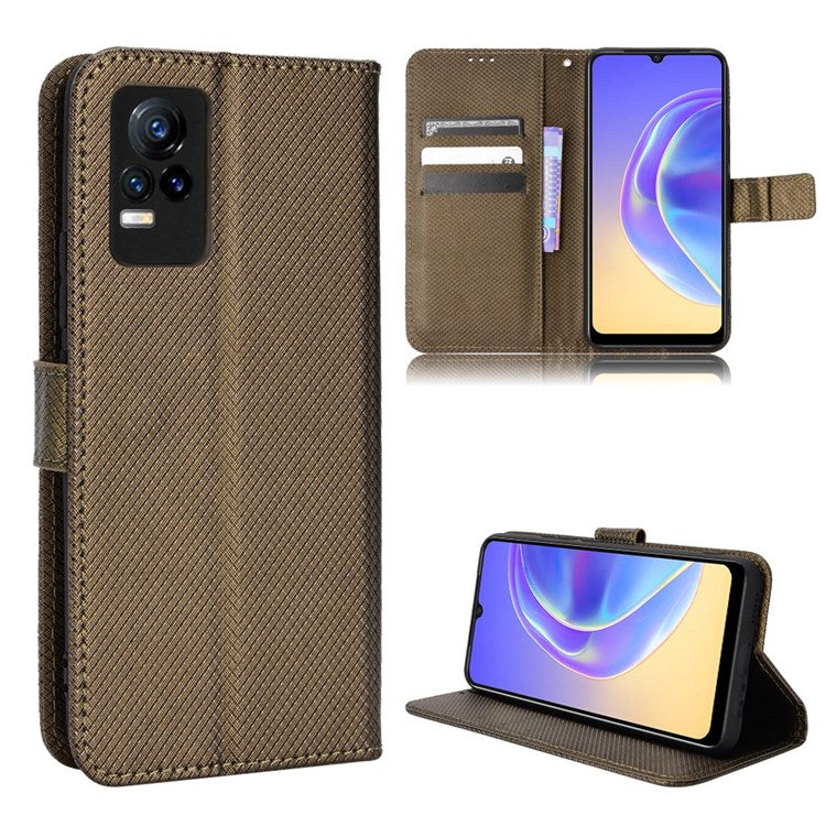 For vivo V21e 4G/Y73 Magnetic PU Leather Wallet Case Diamond Texture Stand Protective Shockproof TPU Folio Cover with Strap - Brown