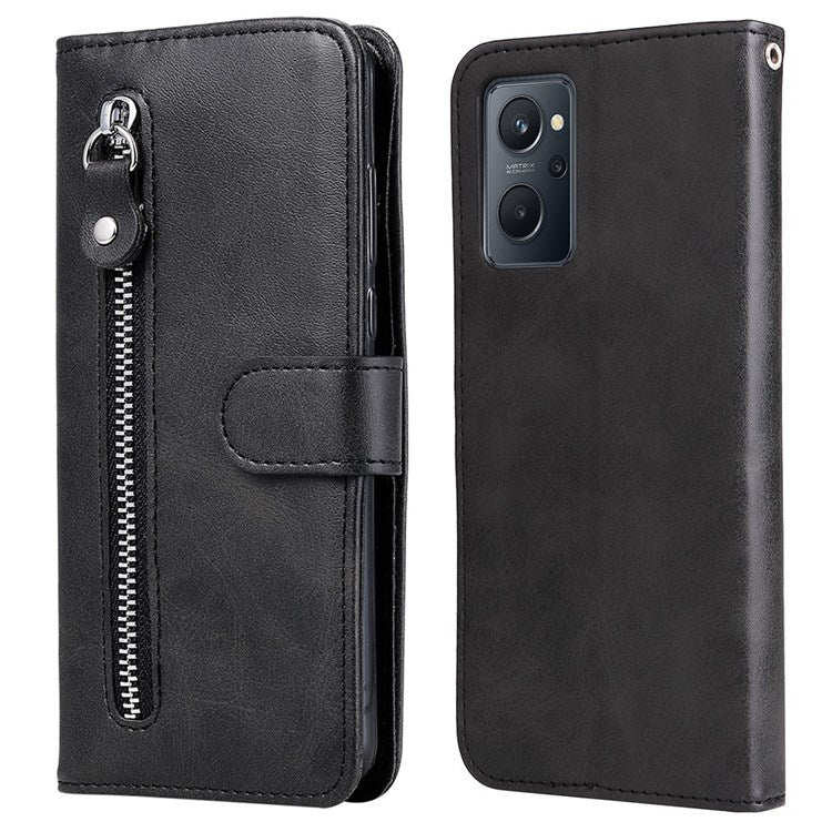 For Realme 9i/Oppo A36 4G/A76 4G PU Leather Case Wallet Style Magnetic Closure Change Coin Slim Handbag Zipper Pocket Stand Flip Cover - Black