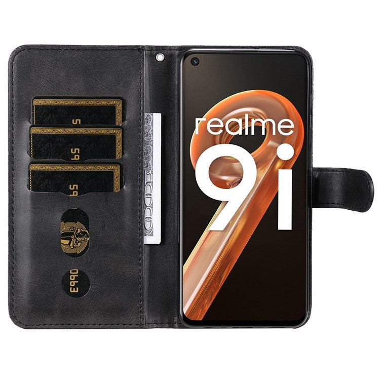 For Realme 9i/Oppo A36 4G/A76 4G PU Leather Case Wallet Style Magnetic Closure Change Coin Slim Handbag Zipper Pocket Stand Flip Cover - Black