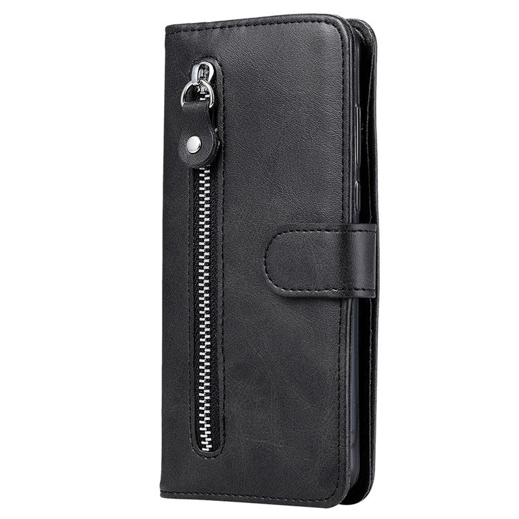 For Realme 9i/Oppo A36 4G/A76 4G PU Leather Case Wallet Style Magnetic Closure Change Coin Slim Handbag Zipper Pocket Stand Flip Cover - Black